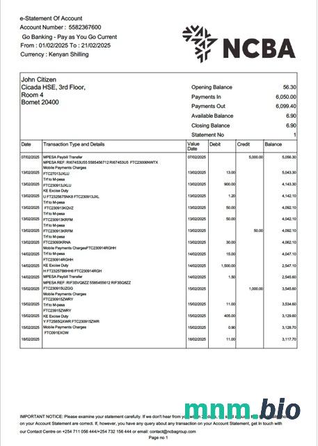 Kenia pętli wyciąg bankowy Word i PDF szablon